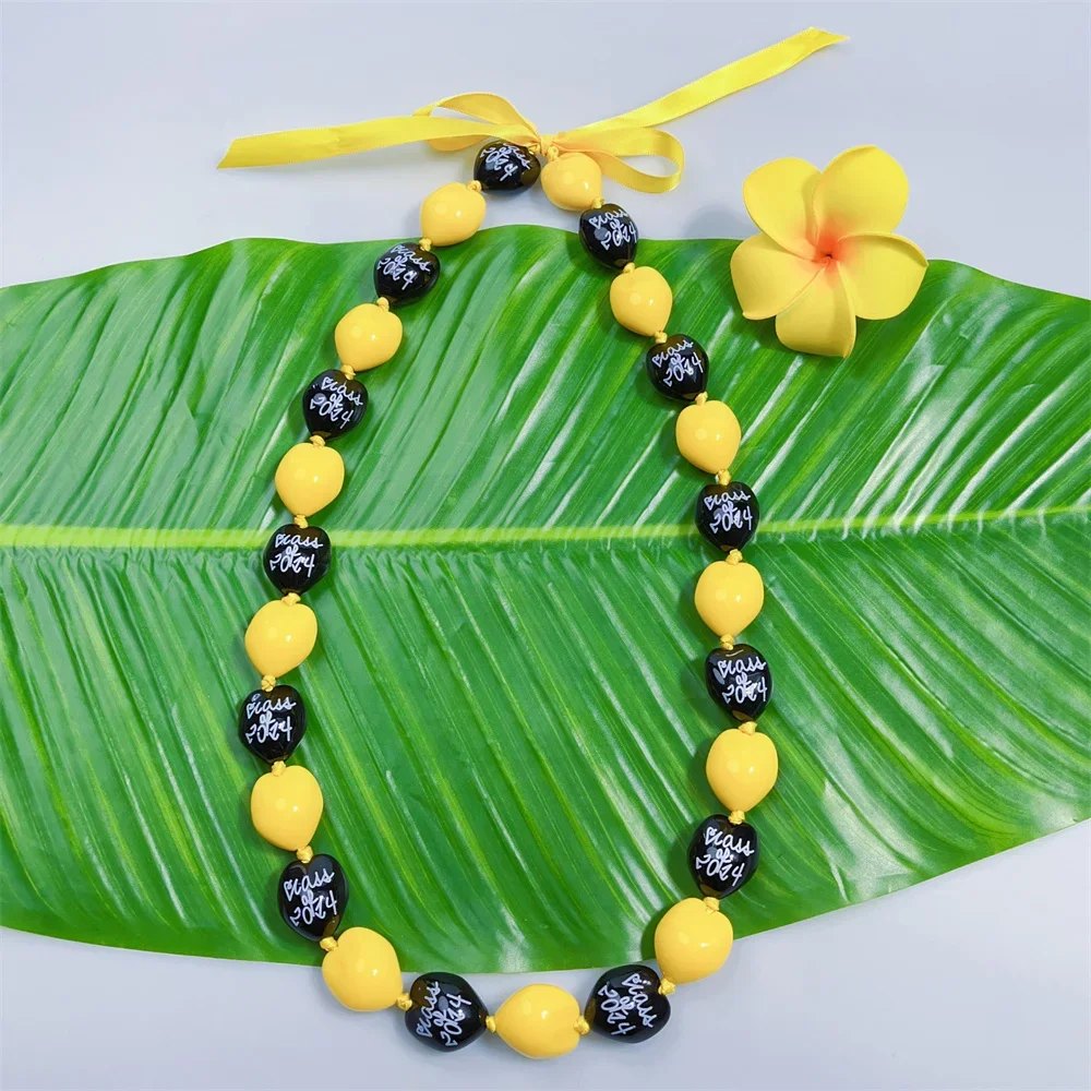 3pcs/lot Class of 2024 Printed Graduation Leis With Yellow Acrylic Hawaiian Kukui Nut Lei Customized School Colors Fast Shipping