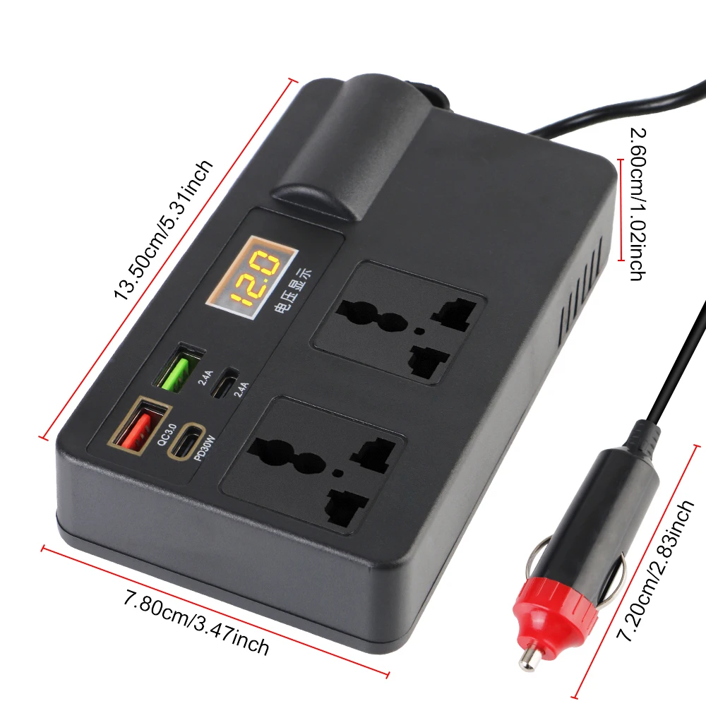 מתאם מצת סיגרים 200W, ממיר מתח לרכב, ממיר מתח DC 12V 24V ל-220V, 7 יציאות, מטעני USB מסוג PD Type-C, שקע AC