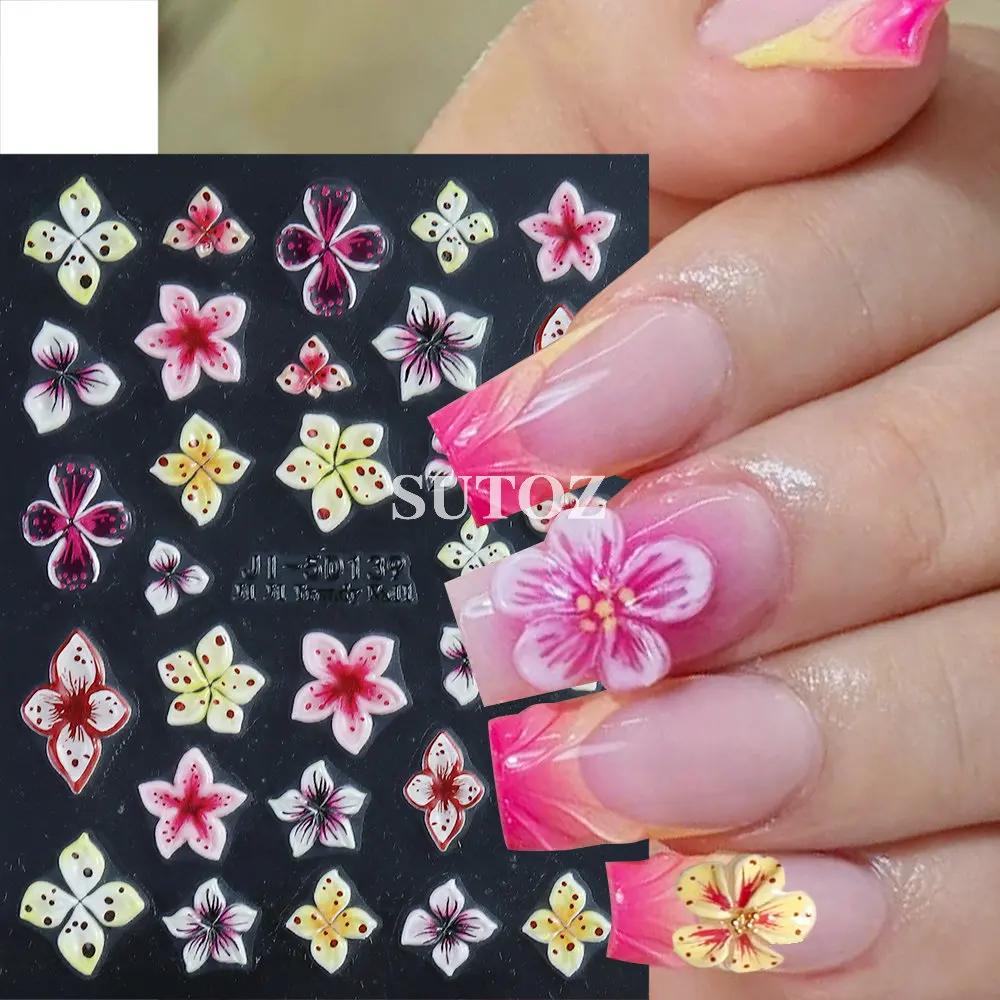 5D Gold Hawaiian Flower Nail Art Stickers Colorful Hibiscus Petal Decal Relief Lily Nail Sliders Charms Manicure Decors LEBJI-5D nail stickers nail art decoration nail decals flower stickers