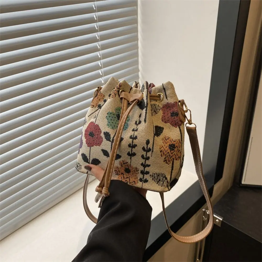 Women Linen Fabric Bucket Bag Fashion Crossbody Bag Messenger Bag Ethnic Style Floral Handbag Shoulder Bag Large Ladies Purses - Image 2