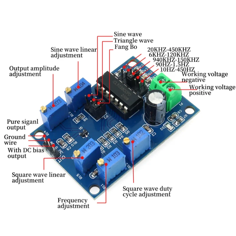ICL8038 Waveform Signal Generator Sine Triangle Square Wave Module 10Hz-450KHz Medium and Low Frequency Signal Source 12V to 15V 2
