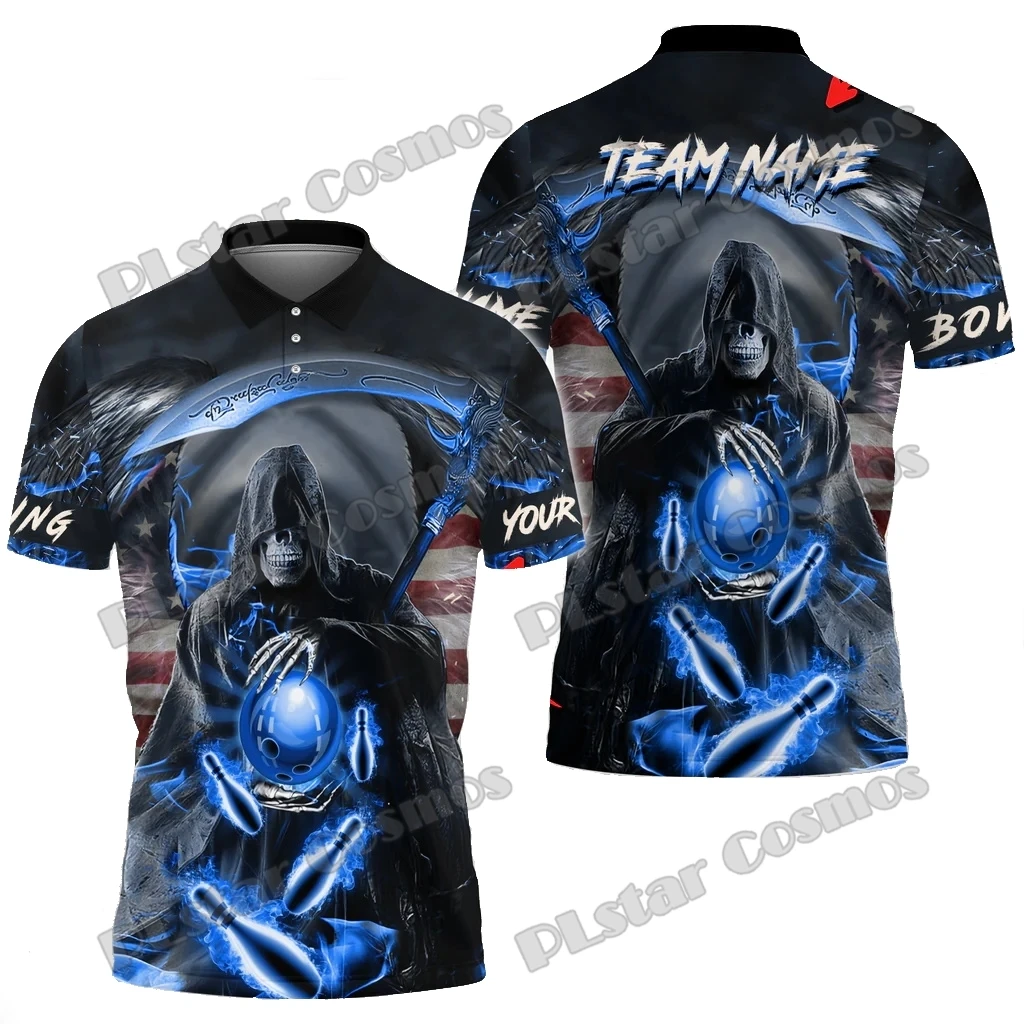 Bowling und Pins Reaper Flame Skull Muster personalisierter Name 3D-gedrucktes Herren-Poloshirt Sommer Unisex Casual Poloshirt WK218 – Detail 9