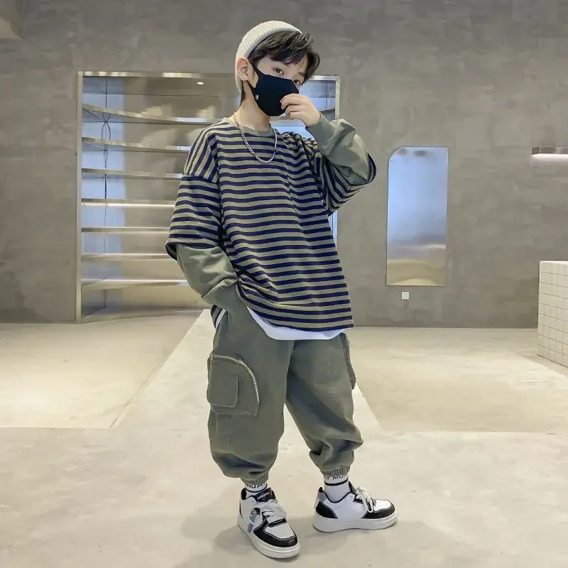 

2023 Fashion Big Girls Sports Suits O Collar Stripe Top Clothing Set Teenage Spring Autumn Tracksuit Kids Sportswear 4-14 Years