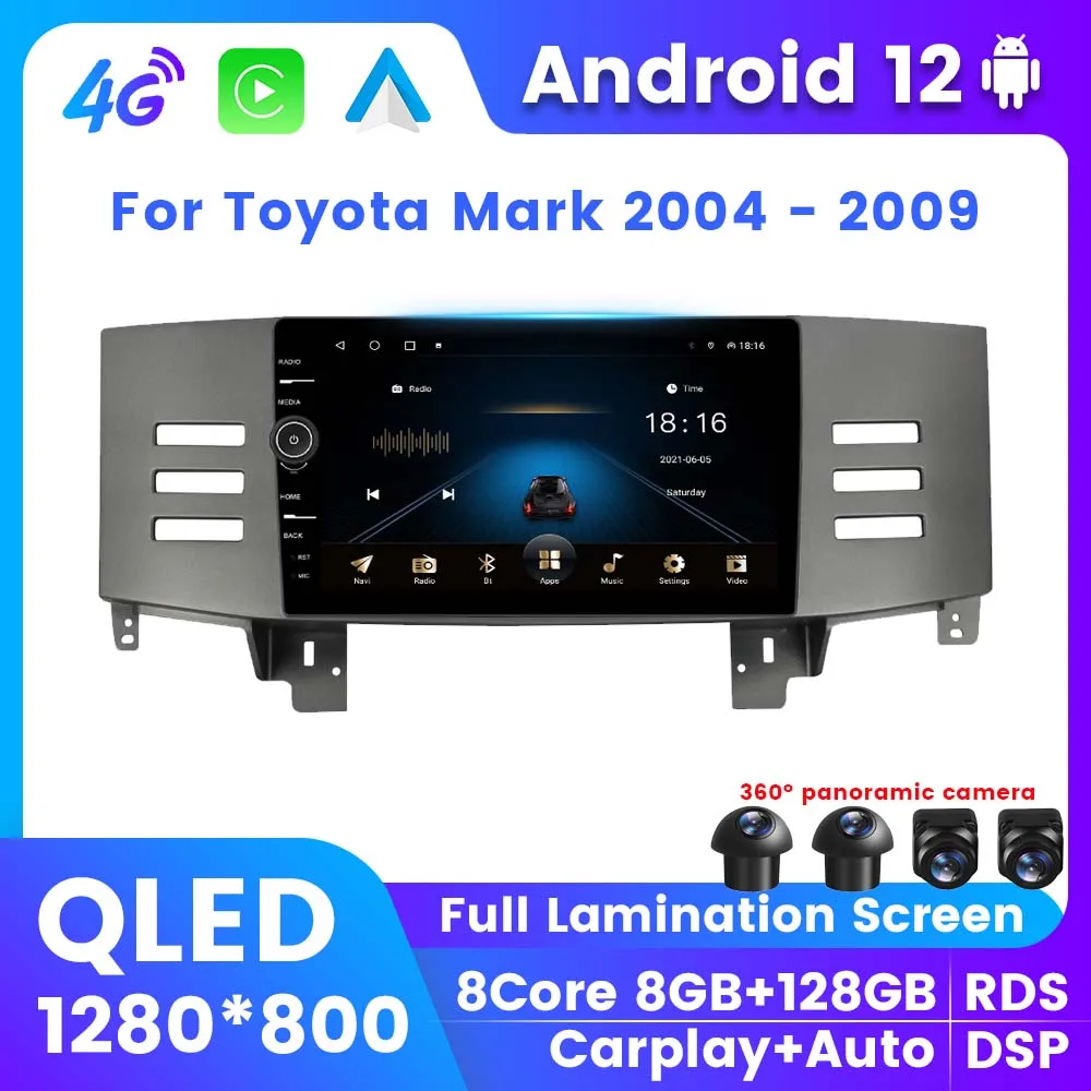 

QLED Android 12 Автомобильный центральный мультимедийный плеер для Toyota Mark X 1 X120 2004 -2009 GPS беспроводной Carplay 2din все в одном