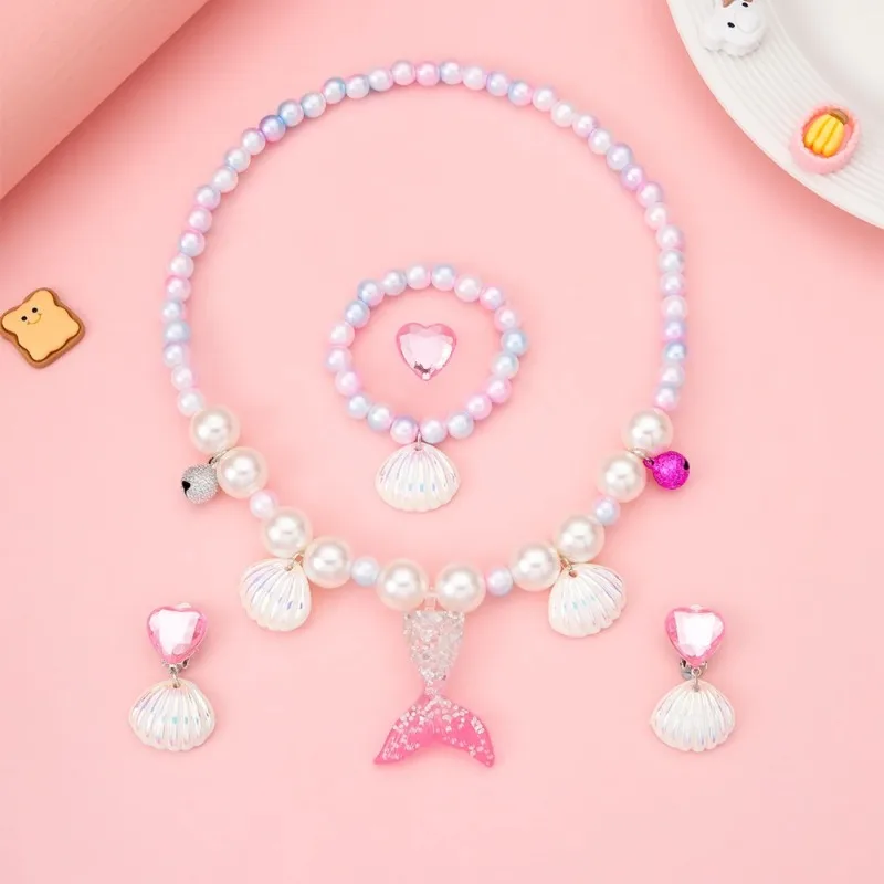 Girls Cute Jewelry Sets Mermaid Pearl Necklace Bracelet Ring Earring Set Kids Toys Children Princess Party Jewelry Accessories
