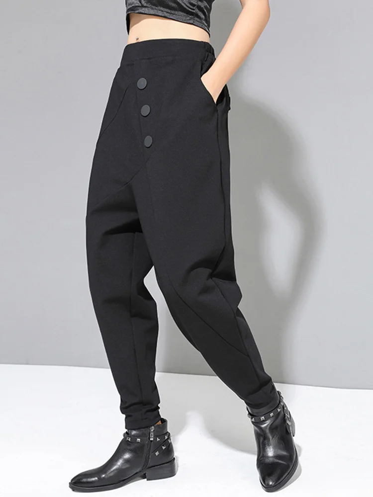 EAM High Elastic Waist Black Asymmetric Casual Pants New Loose Fit Trousers Women Fashion Tide Autumn 2026 1DF4643