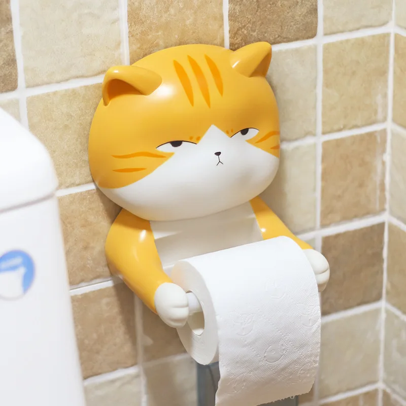 Toilet Paper Roll Creative Decorative Tissue Roll Cartoon Cat Bathroom PVC Wall Mounted Toilet Paper Holder with Storage Box