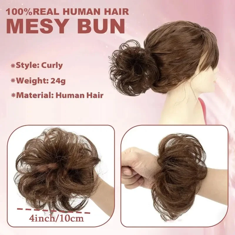 2 pezzi di capelli umani veri chignon da donna pezzi di capelli ricci naturali soffici ciambella updo panini con capelli umani al 100% panini disordinati - immagine 5