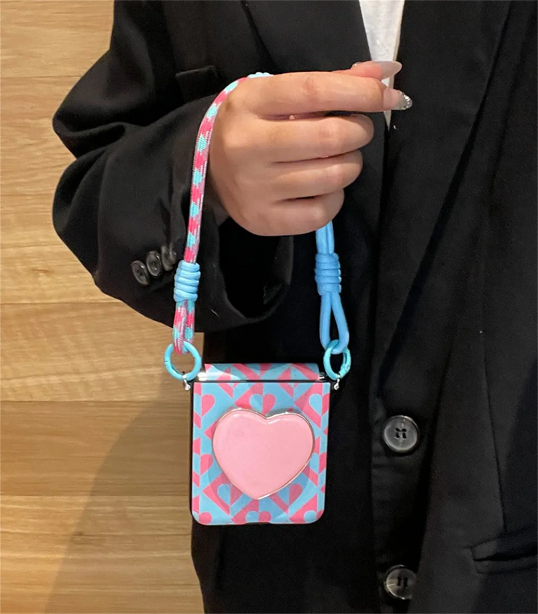 Korean Cute Blue Pink Love Heart Holder Portable Rope Phone Case Cover