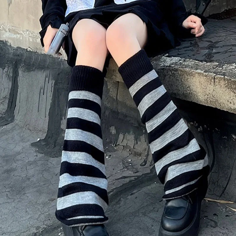 

Y2k Goth Lolita Leg Striped Warmers Japanese Style Women Gothic 50cm Long Socks Gaiters Knee Winter Knitted Cuffs Ankle Warmer