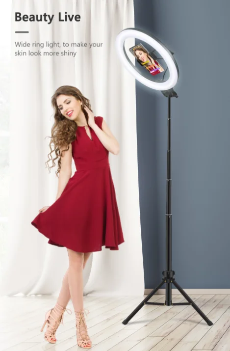 10" Photography Makeup Lamp Mirror LED Selfie Light 260MM Dimmable Make Up Camera Phone Lamp with Table Tripods Phone Hold Stand
