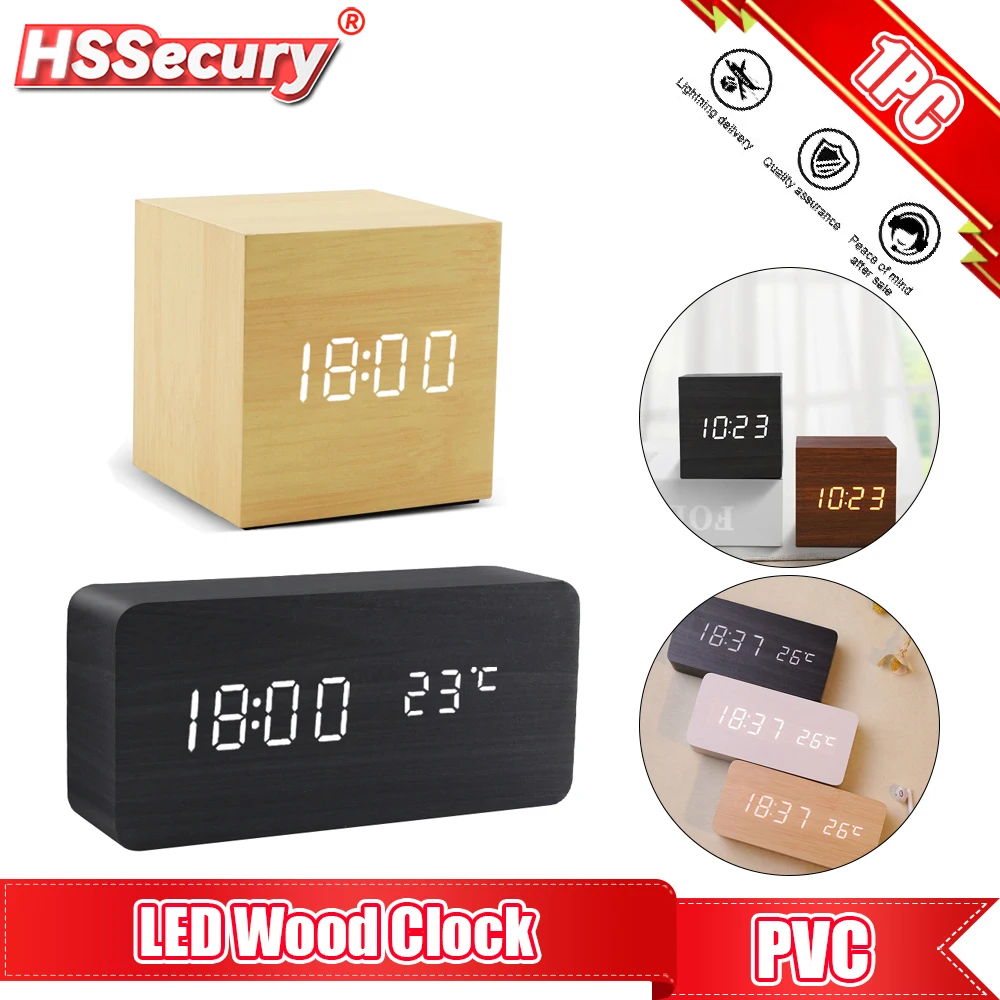 Alarm Clock Led Wooden Digital Table Clock Voice Control Wood