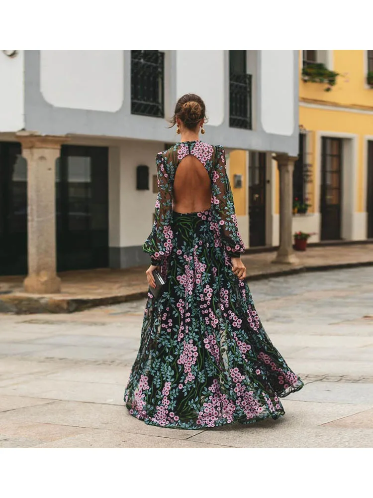 Sexy Backless Bohemian Print Dress Maxi Dress Women\'s Travel Holiday Backless Floor-length Dress Daisy-print Beach Party Dress