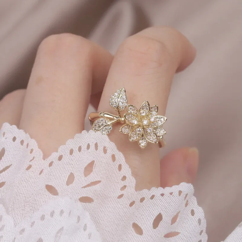 Gold Plated Rings New Design Fashion Real Gold Plated Exquisite Leaf Flower Zircon Women Daily Opening Adjustable
