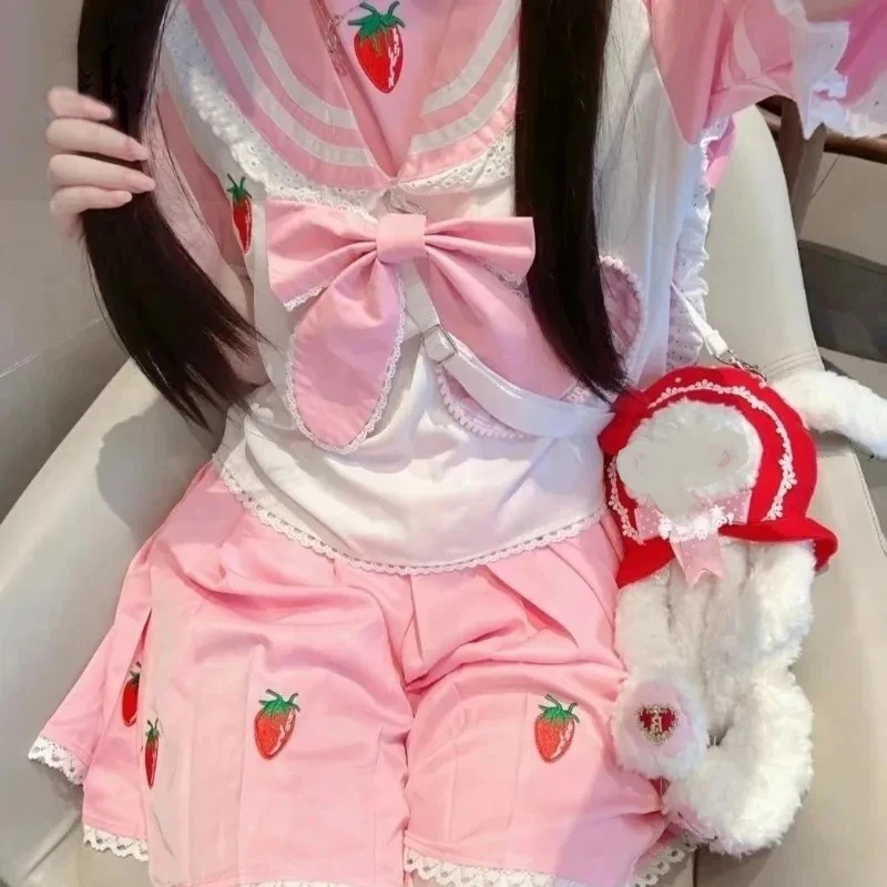 Two Piece Japanese Sweet Lolita Jk Sets Pleated Skirt Women Kawaii Y2k Cute Preppy Style Sailor Collar Top+Skirts Matching Sets 5