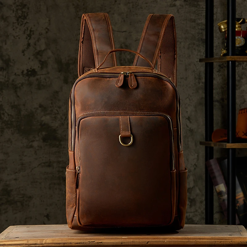 Handmade Vintage Genuine Leather Backpack Casual Large Capacity Retro Cowhide Leather School Bag Men Travel Camping Rucksack