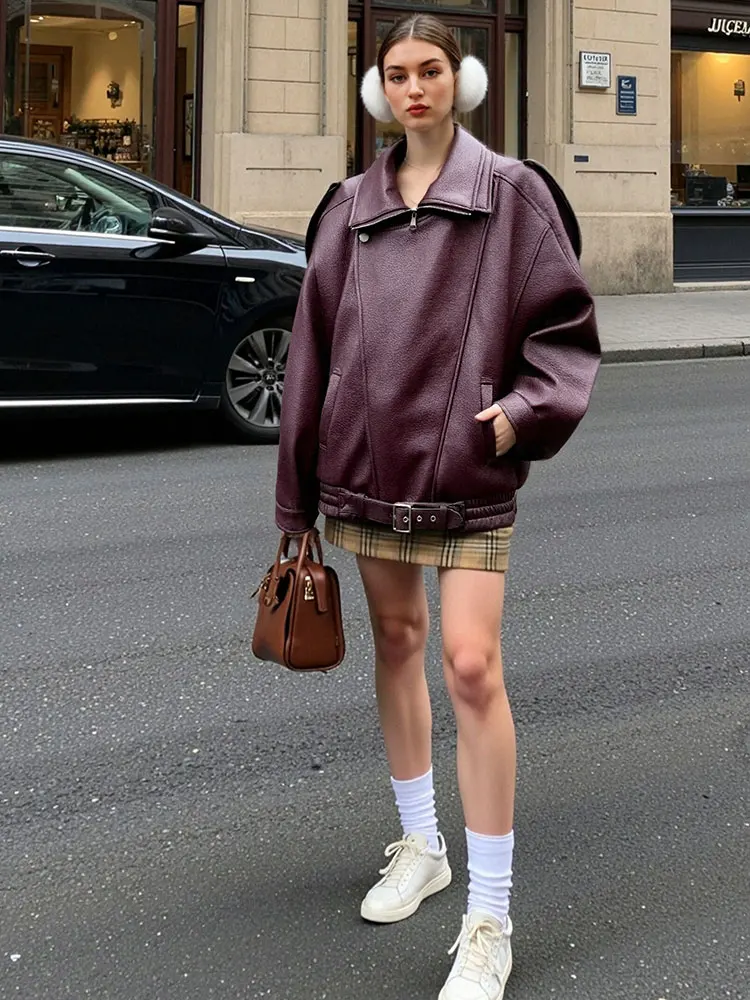 HH Women Vintage Solid Faux Leather Jacket Lapel Long Sleeve Zipper Jackets Female Autumn Winter Thick Warm Lady Outerwear