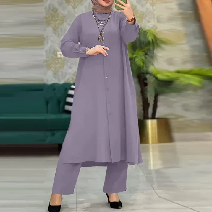 Modest long coat set for women with wide-leg pants suitable for Islam Ramadan Morocco Dubai Muslim 2-piece casual Arabic kimono clothing.