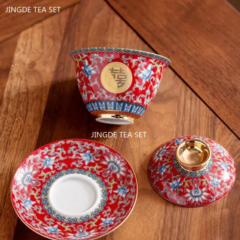 Chinese Wedding Tea Set Enamel Color Ceramic Gaiwan Handmade Beauty Teacup Teaware Gift Exquisite Portable Tea Bowl