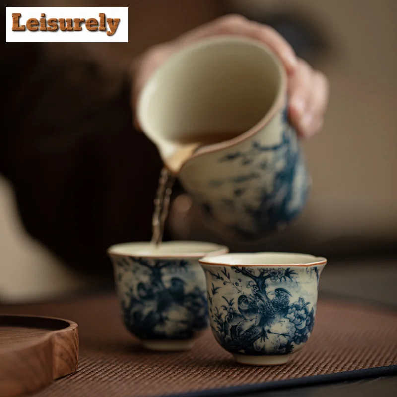 50ml Retro Flower And Bird Ink Ceramic Teacup Ru Kiln Flower Mouth Cup Single Master Cup Personal Tasting Tea Bowl Kungfu Teaset