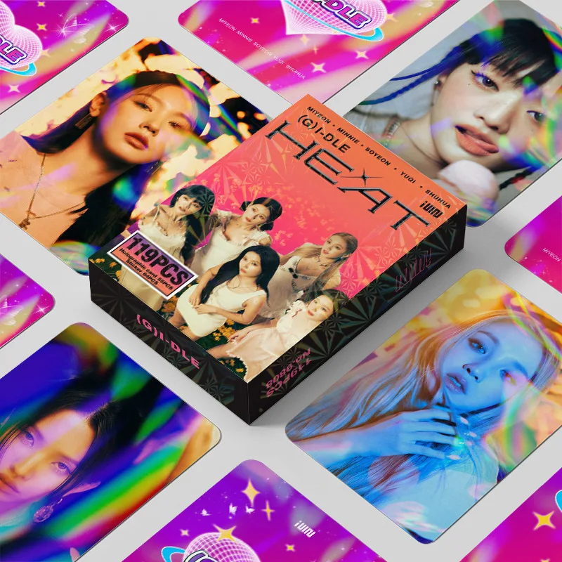 119Pcs/Set Kpop GIDLE HEAT Laser Lomo Card Stickers Photocard Double Sided HD Printed SHUHUA YUQI Fans Collection Postcard Gift