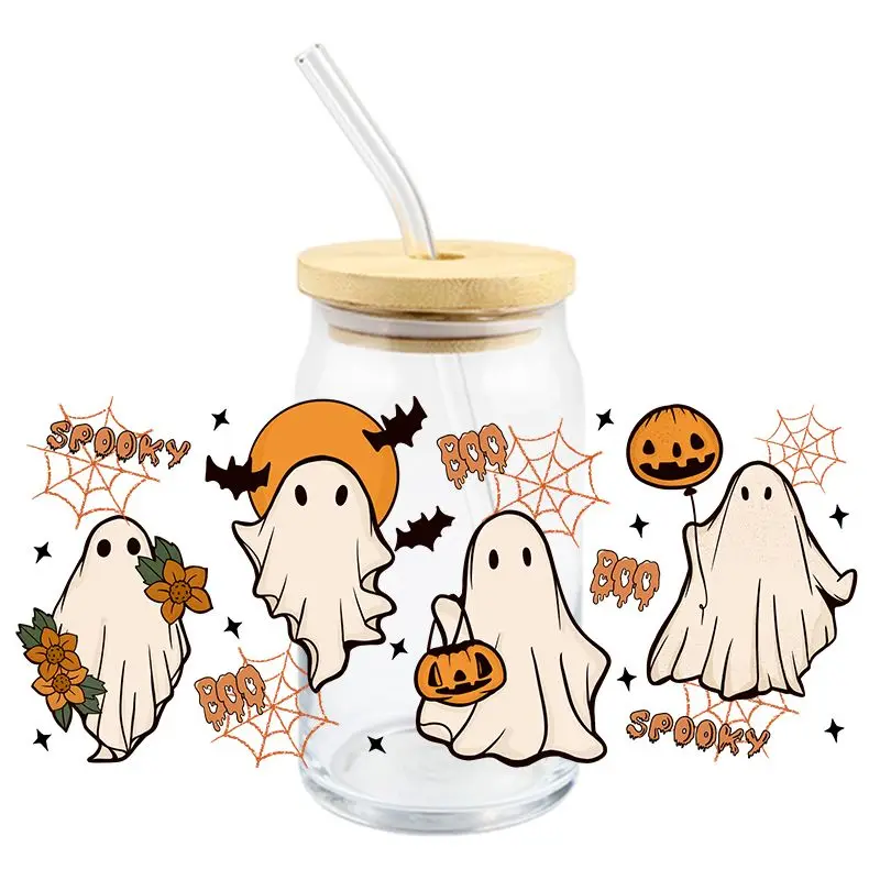 Halloween Ghost UV DTF Wrap Transfer Stickers Cute Cartoon Design Waterproof Wrap For Glasses Cups Decal Easy To Use