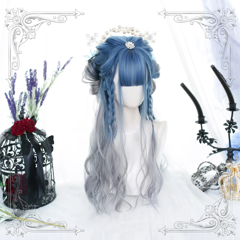 

Female Long Wavy Blue Gray Gradual Change Bangs Wig Women Curly Wigs Lolita Cosplay Party