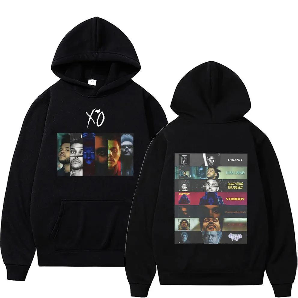 OUHZNUX Hoodie with Pocket The Weeknd Double Sided Print Hoodie Male Casual  Loose Streetwear Men's Hoodies Men Women Vintage Hip Hop Harajuku Sweatshirt  XS-4XL-Black