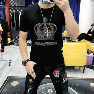 New 2023 Design Hot Drilling T-Shirt Men's Black  Cotton Short High Quality Rhinestone Top Tees Shirt Male Shining Lights 118