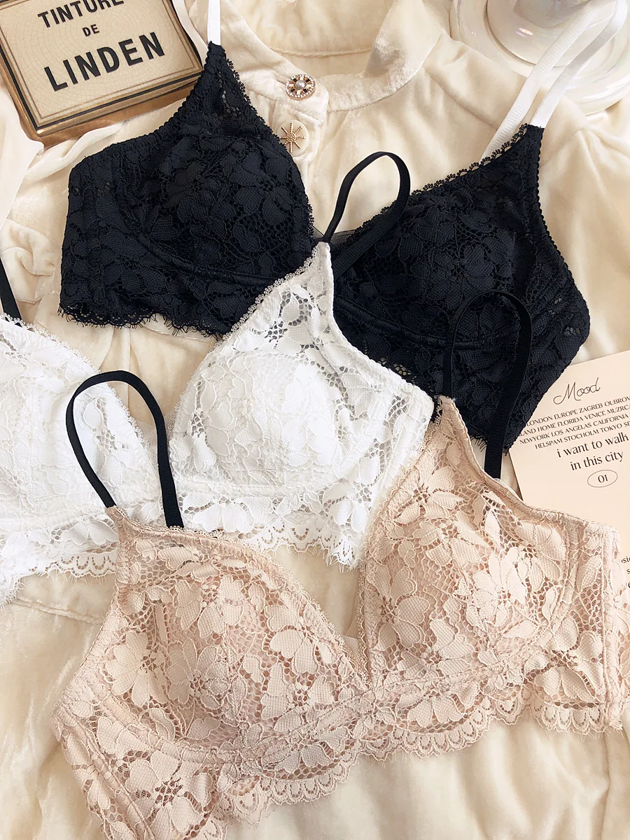 Lace thin rabbit ears triangle cup bra without steel ring underwear set bralette large breasts show small lingerie