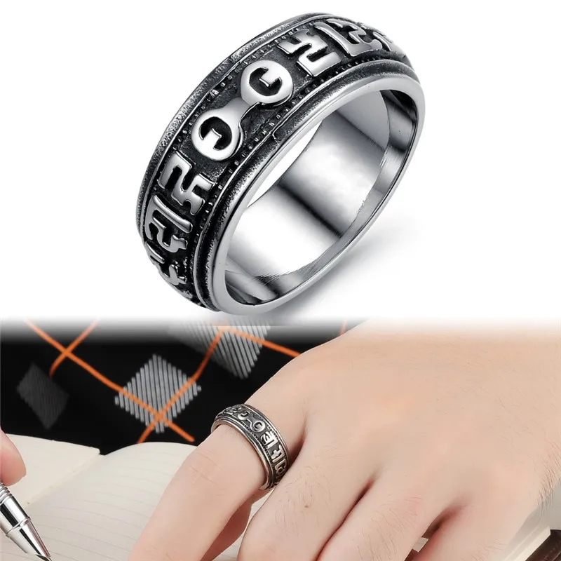Anello In Acciaio Inossidabile Sanscrito Buddista Sei Parole Mantra Anello "Om Mani Padme Hum" Lucky Power Mantra Ring
