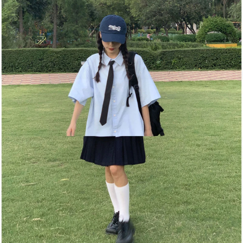 EBAIHUI Summer Blue Short Sleeved Shirt New Ladies Dk Blouse Korean Edition Loose Solid Color TopPreppy Style Tie Blusas