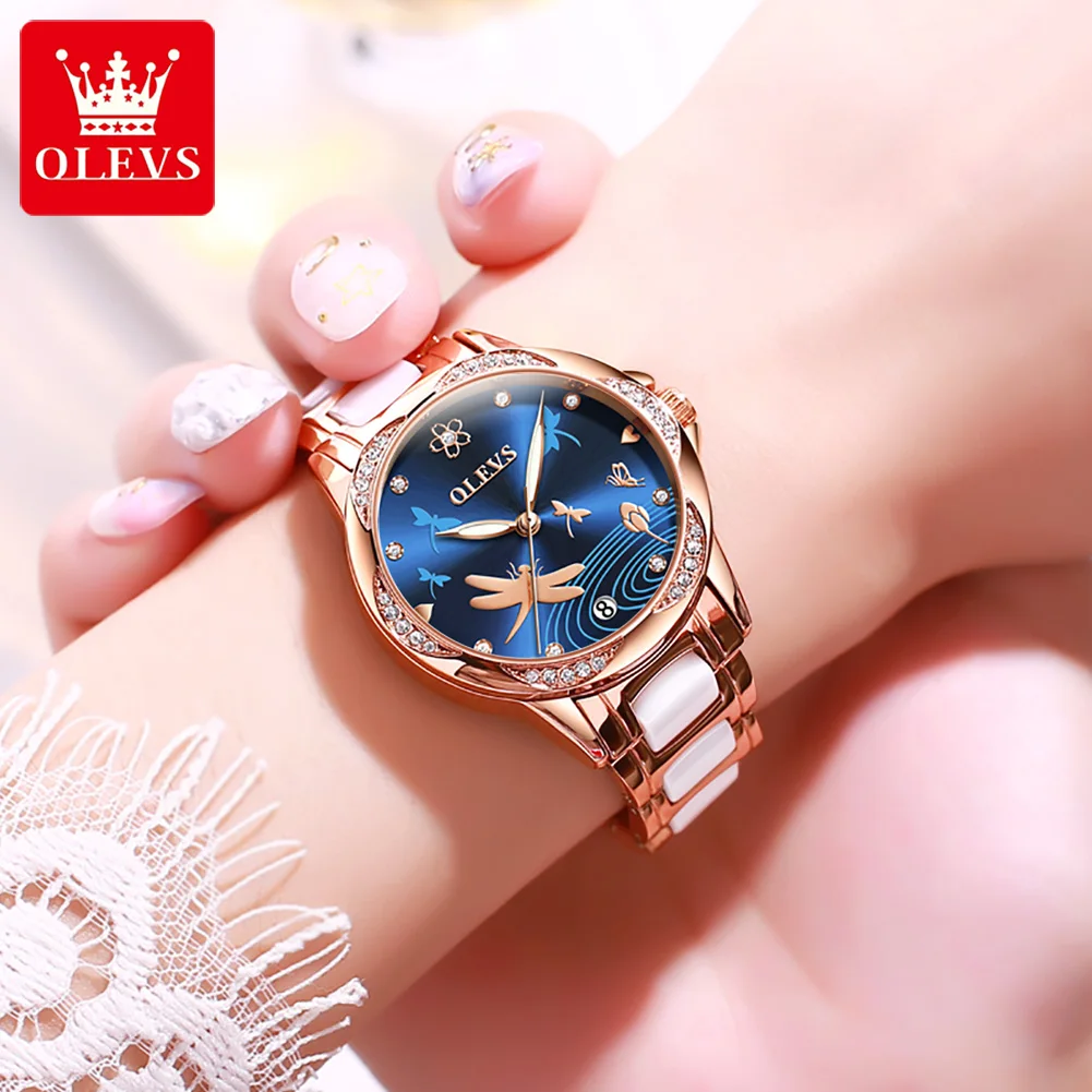 OLEVS Original Automatic Mechanical Watch for Women Elegant Ceramics Strap Ladies Dress Wristwatch Luxury Brand Female Watches
