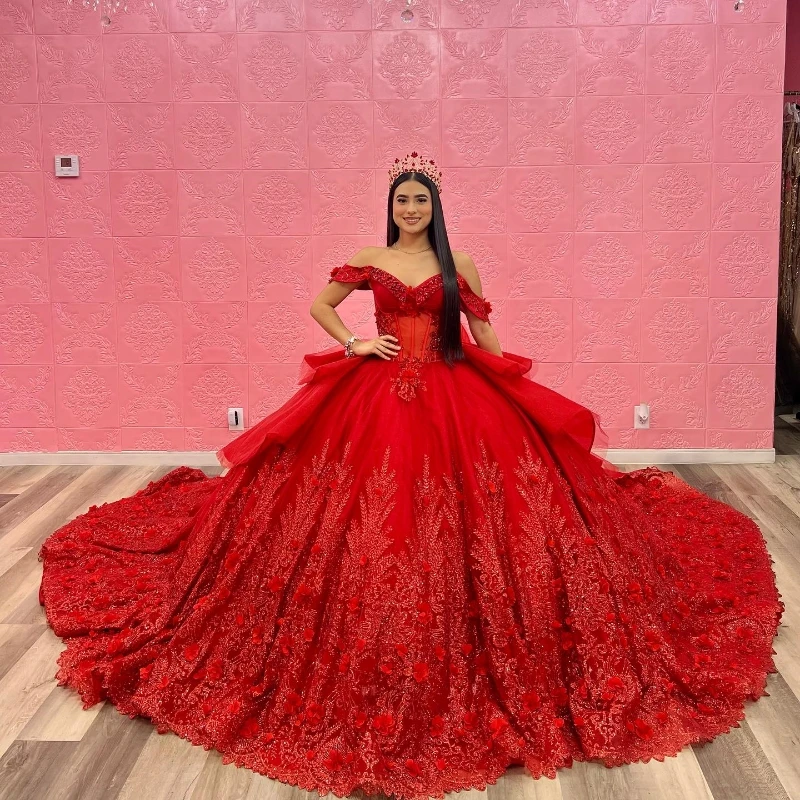 

Red Sparkly Sequined Lace Quinceanera Dresses Red Off Shoulder Appliques Beads Ruffles cathedral train Crystal prom vestido 15