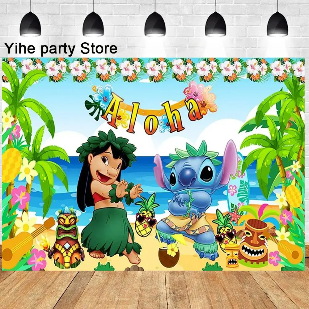 Telón de fondo de dibujos animados de Lilo \u0026 Stitch, tema Aloha Hawaiano,  decoración de feliz cumpleaños para niños, fotografía, Flor del océano,  estudio fotográfico - AliExpress, image size:1000x1000