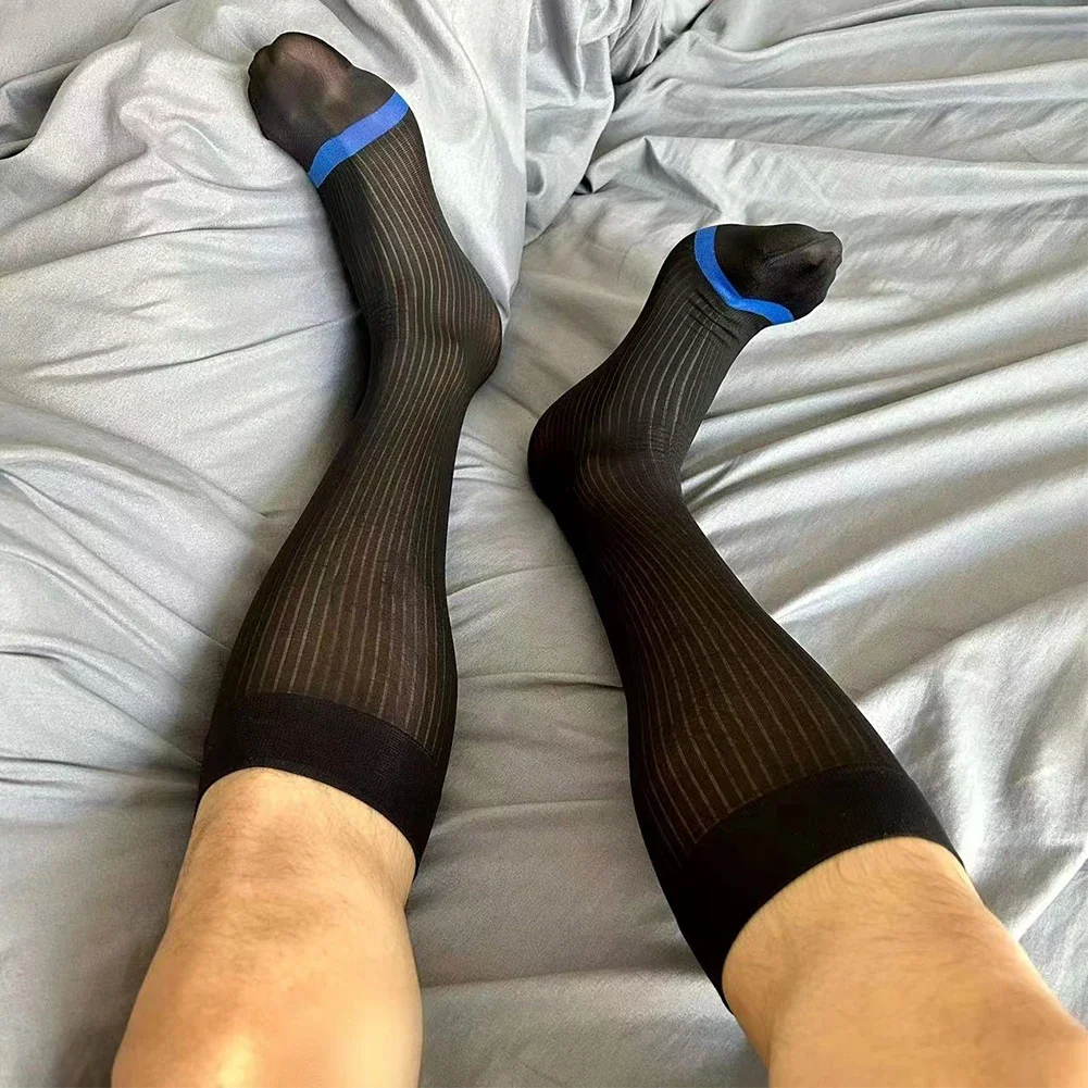 

1 Pairs Man Ultra Thin Transparent Business Formal Middle Socks Summer Color Patchwork Silky Sheer Breathable Long Socks For Men