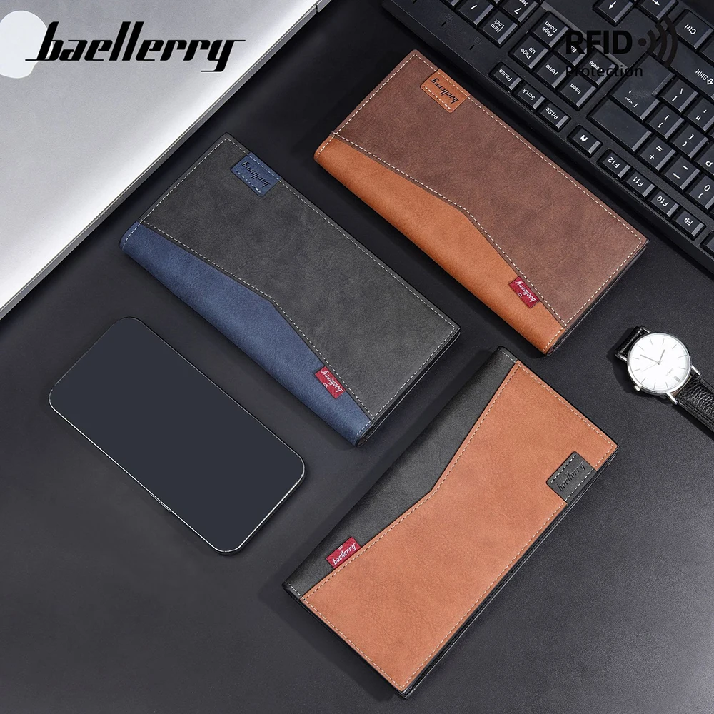 Baellerry Men's Long RFID Wallet PU Leather, Anti-Skimming Bifold with 12+ Card Slots & Zipper Pocket