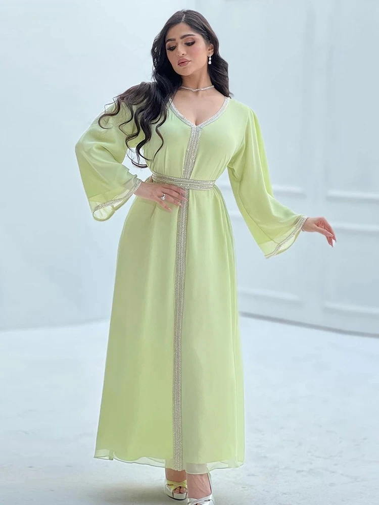 vestido-de-chiffon-solto-para-mulheres-muculmanas-fita-de-diamante-decote-v-manga-comprida-cintos-arabe-dubai-caftan-marocain-eid-modesto-verde