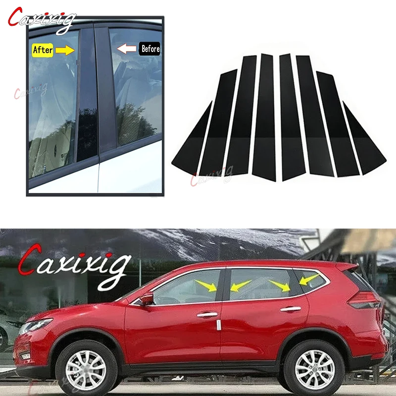 Glossy Piano Black Door Window Trim Pillar Posts Molding Cover Stickers for Nissan X-Trail/Rogue T32 2014- Styling
