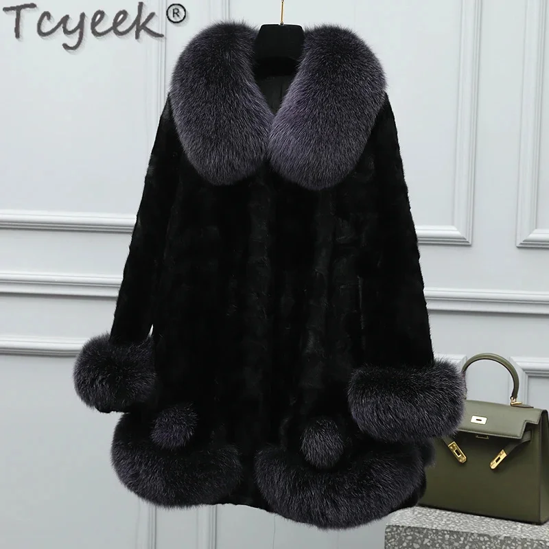 

Tcyeek Mink Coat Female Warm Fox Collar Winter Women's Jacket 2024 Fashion Real Fur Coats for Woman Clothes