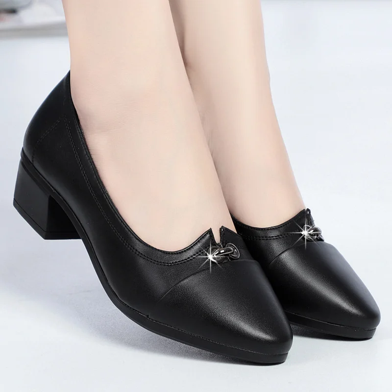 Spring All-Match Fashion Women Pointed Toe Low-heeled Leather Shoes Solid  Slip on Casual Soft Comfort Non-slip Mom Shoes - AliExpress 322