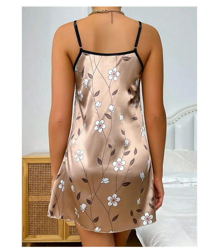 Damen Nachthemd Satin Blumen druck Nachthemd bequemes Spaghetti träger Nachtwäsche Kleid luxuriöses Satin Slip Nachthemd – Detail 7