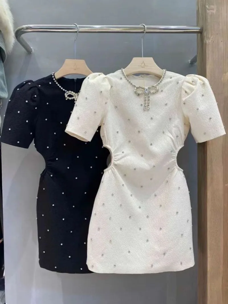 여성용 프렌치 템퍼러먼트 다이아몬드 할로우 아웃 원피스, 라운드넥 활 버블 슬리브, 슬림하고 시크한 한국 여성, 부드러운 파티 웨어, 여름 