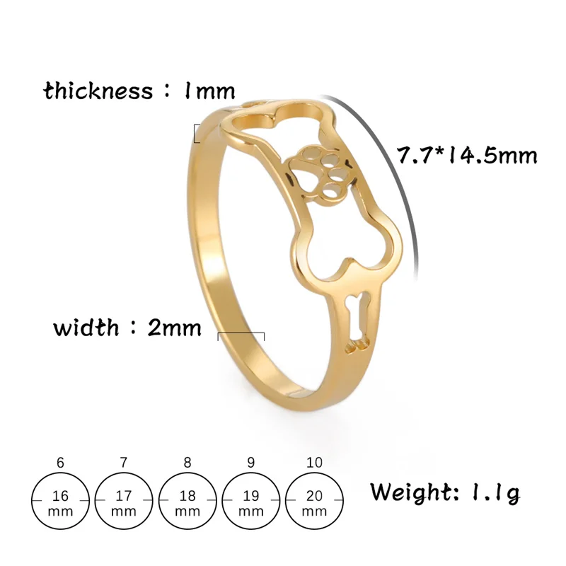 Minimalist Rings Dog Bone Paw Girls Gold Color Stainless Steel Ring Women's - PeticaDeals