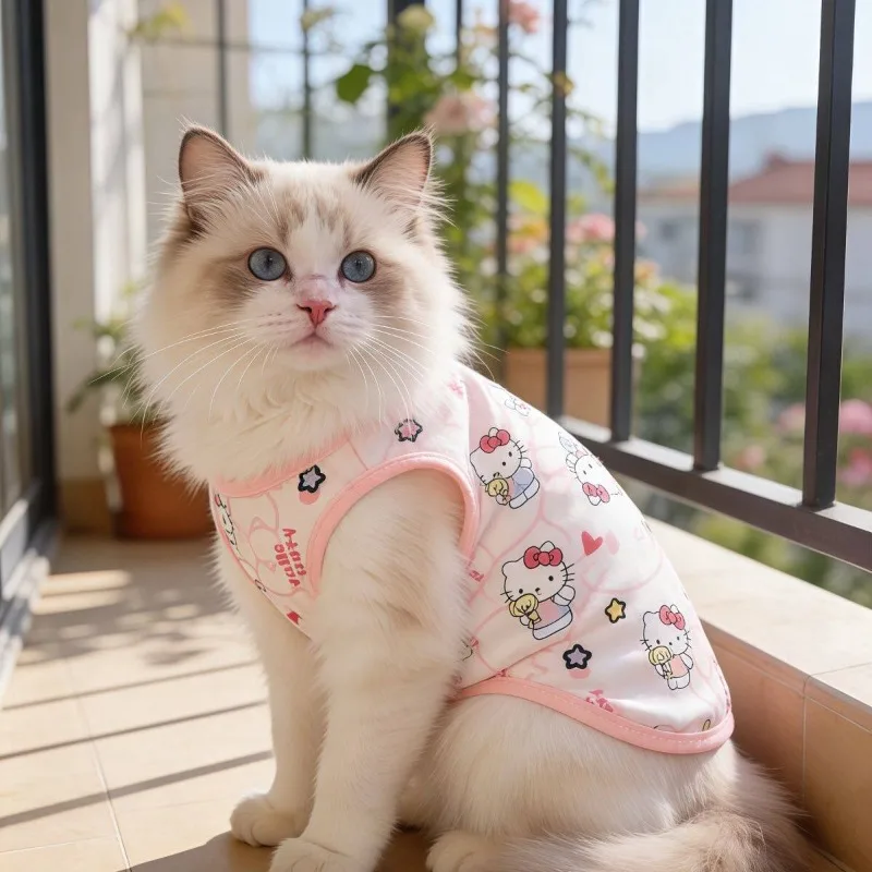 산리오 헬로 키티 귀여운 고양이 강아지 탱크탑, 가볍고 통기성 좋은 면 소재 공주풍 봄 여름 소형 반려동물용 민소매 셔츠