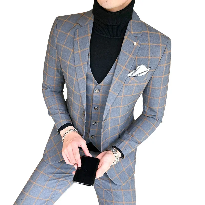 Blazer and Vest and Pants / Boutique Fashion Plaid Men's Casual Business Suit 3pcs Set Groom Wedding Dress Performance Costume mens suit