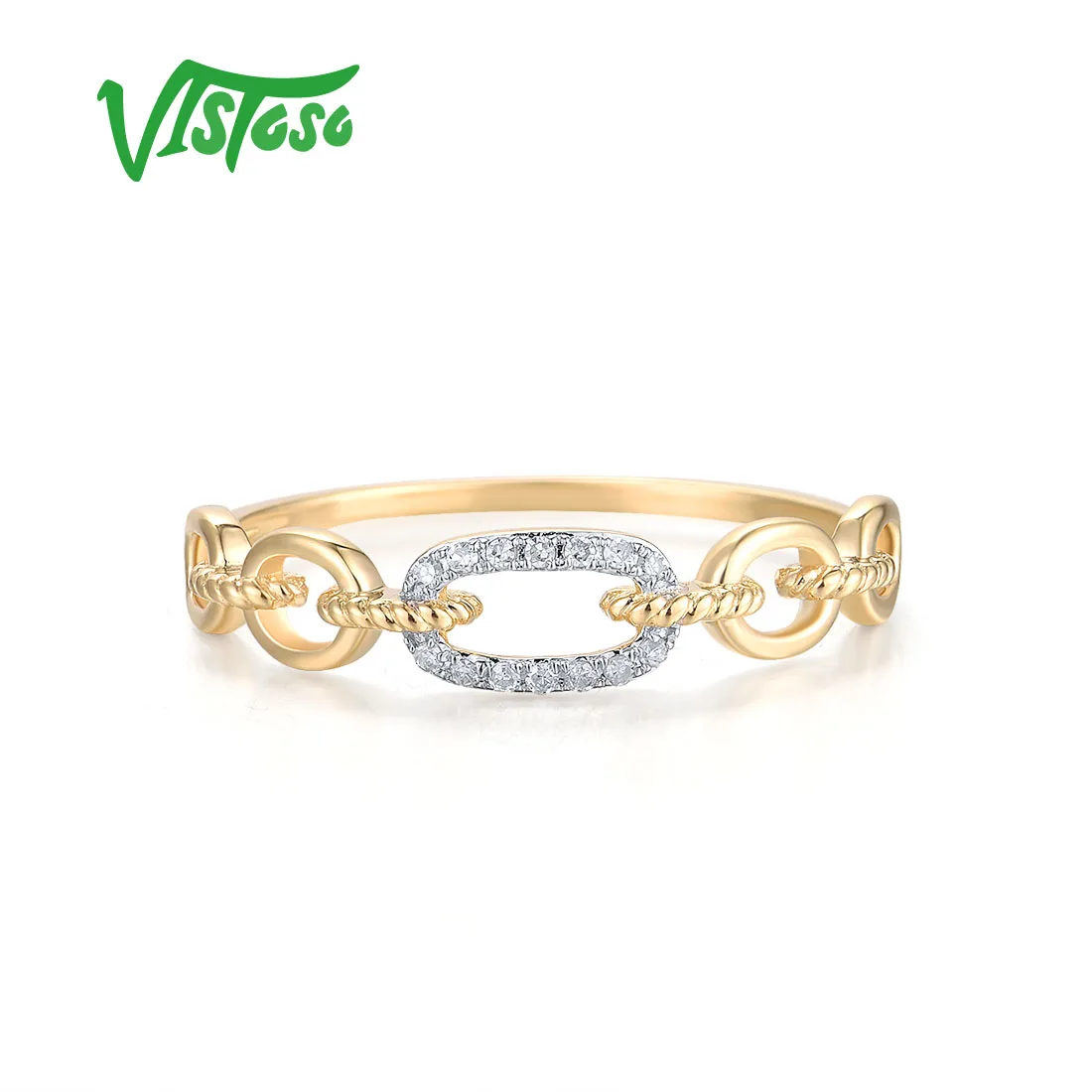 VISTOSO Pure 14K 585 Yellow Gold Ring For Women Sparkling Diamond Chain Link Stackable Concise Wedding Gift Chic Fine Jewelry 2