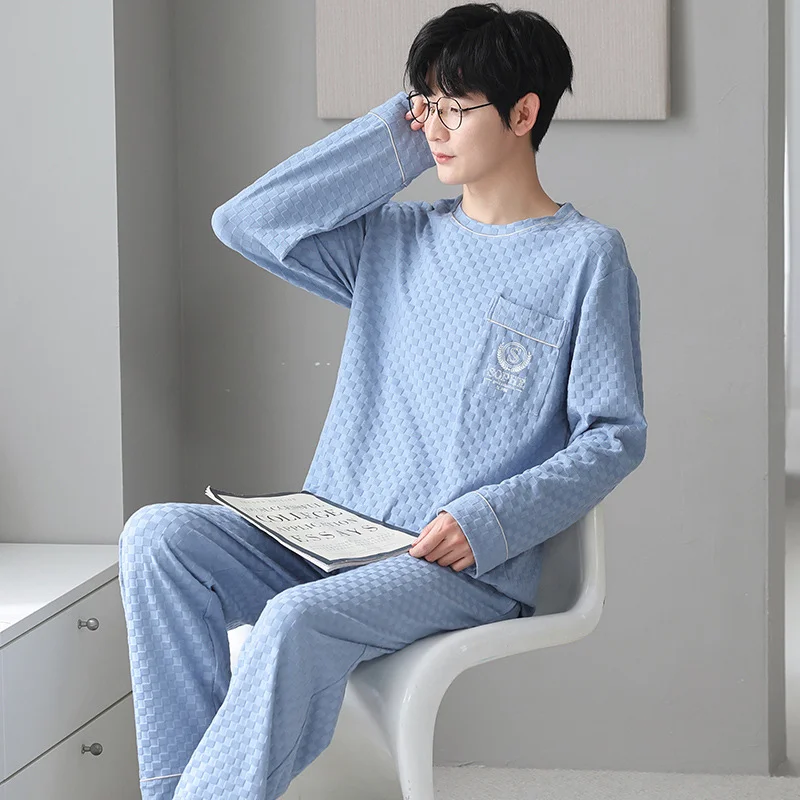 2023 winter men's pullover sleeved long pants pajamas set cotton student casual spring and autumn home clothes_voghion.com