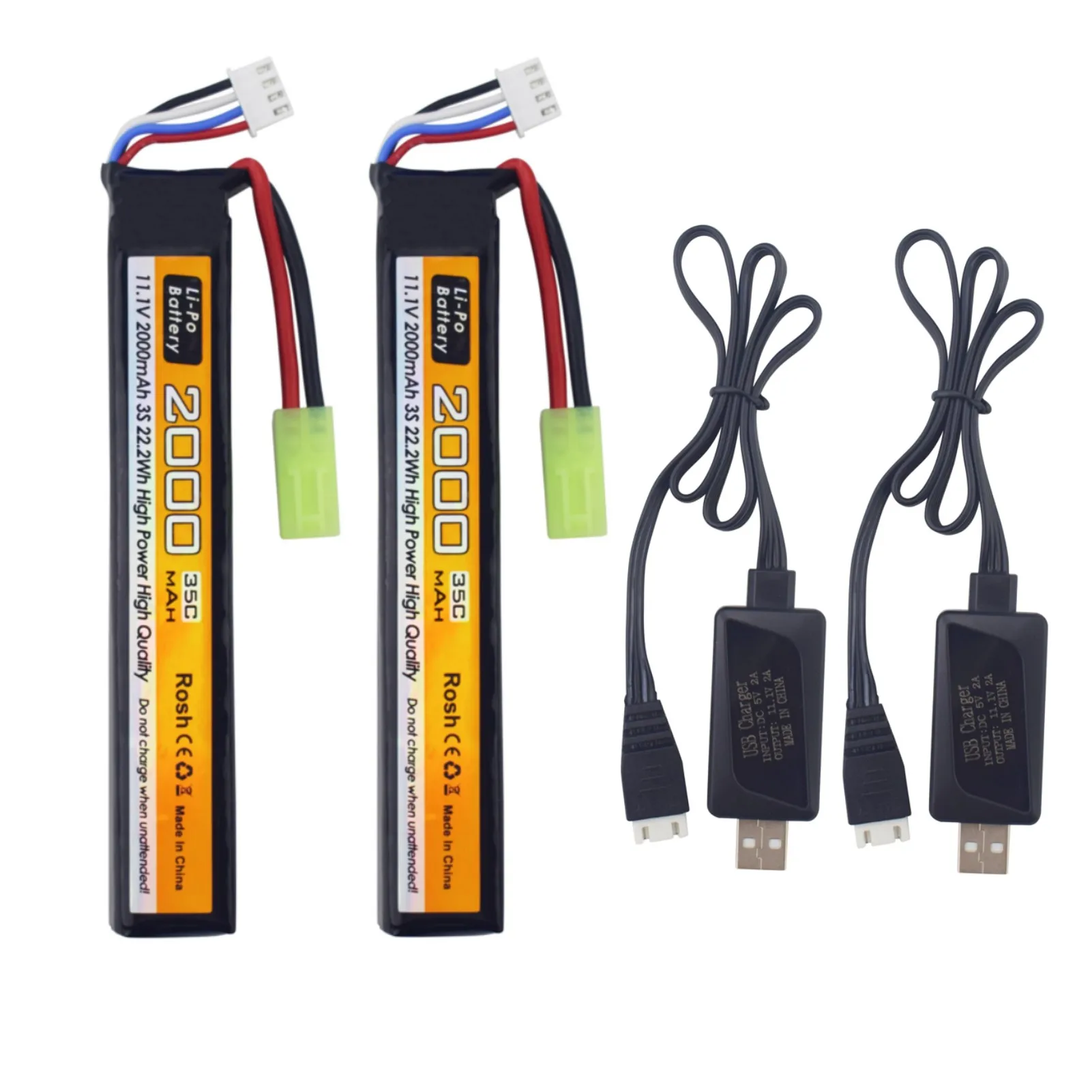 

2PCS 11.1V 35C 2000mAh LiPo Battery With Odamiya Plug+2PCS USB Charging Cable For Air Guns,Model Guns,Rifles,RC Cars,And Drones