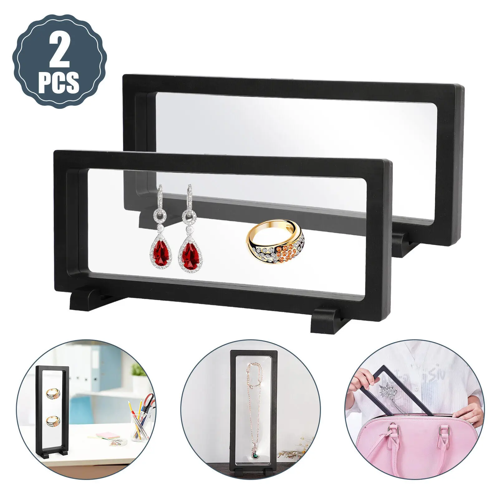 

2Pcs 3D Floating Frame Coin Box Clear Jewelry Bracelet Display Stand Ring Pendant Holder Protect Jewellery Presentation Case